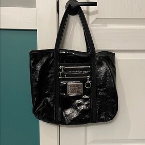 Coach Glossy Black Tote with Silver Accents